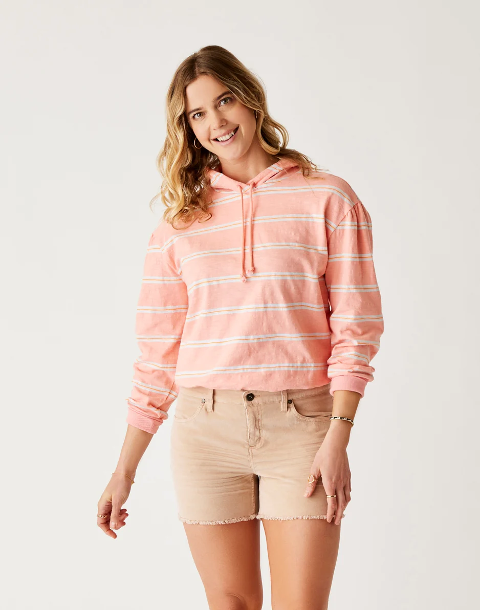 Birdie Slub Hoodie: Electric Coral Rugby Stripe - FINAL SALE