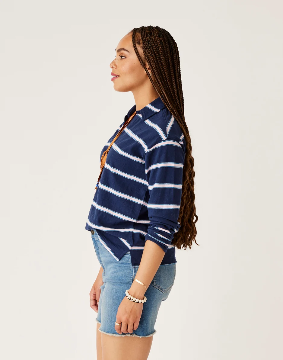 Mara Slub Polo: Navy Rugby Stripe - FINAL SALE - Image 2